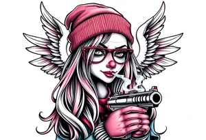 beautiful long hair Clown Girl thug beanie eyeglasses angel wings Gun smoke tattoo idea