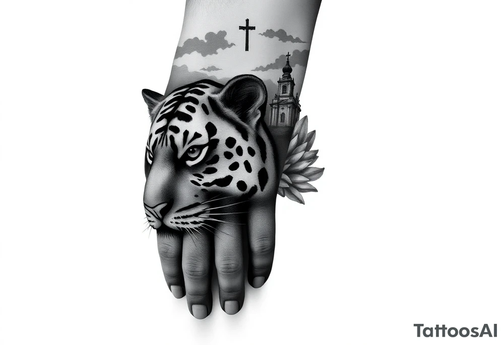 in a dorsal view of the hand and forearm a tiger face on the hand with black hollowed eyes, then above this a orthodox church shrouded with a mist and fading into a virgin mary overlooking tattoo idea
