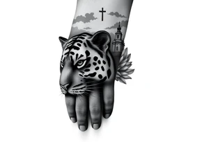 in a dorsal view of the hand and forearm a tiger face on the hand with black hollowed eyes, then above this a orthodox church shrouded with a mist and fading into a virgin mary overlooking tattoo idea