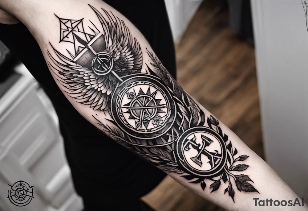 Viking style tattoo throughout the design. Designed to start at the top of the shoulder and then go down the upper arm. A Viking Vegvisir with wings around it, Viking Valknut, tree of life with roots tattoo idea