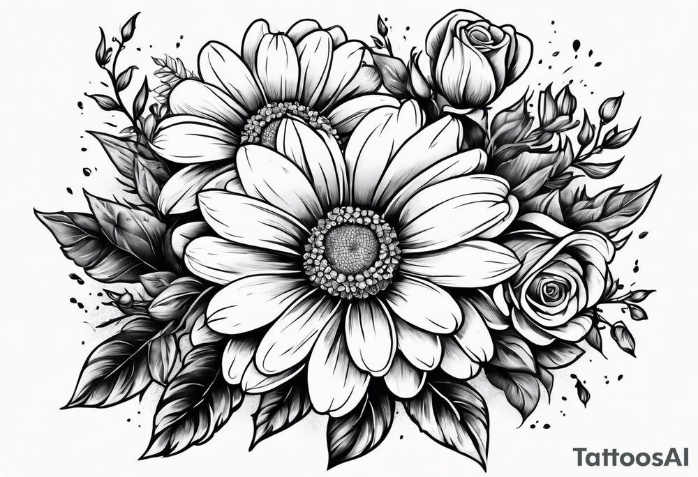 Boquet of daisys and roses with a flame surrounding them tattoo idea