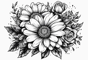 Boquet of daisys and roses with a flame surrounding them tattoo idea