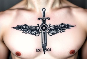 Russian inspired cross looking sword under nippleline with “EST 2001” below the belly button tattoo idea