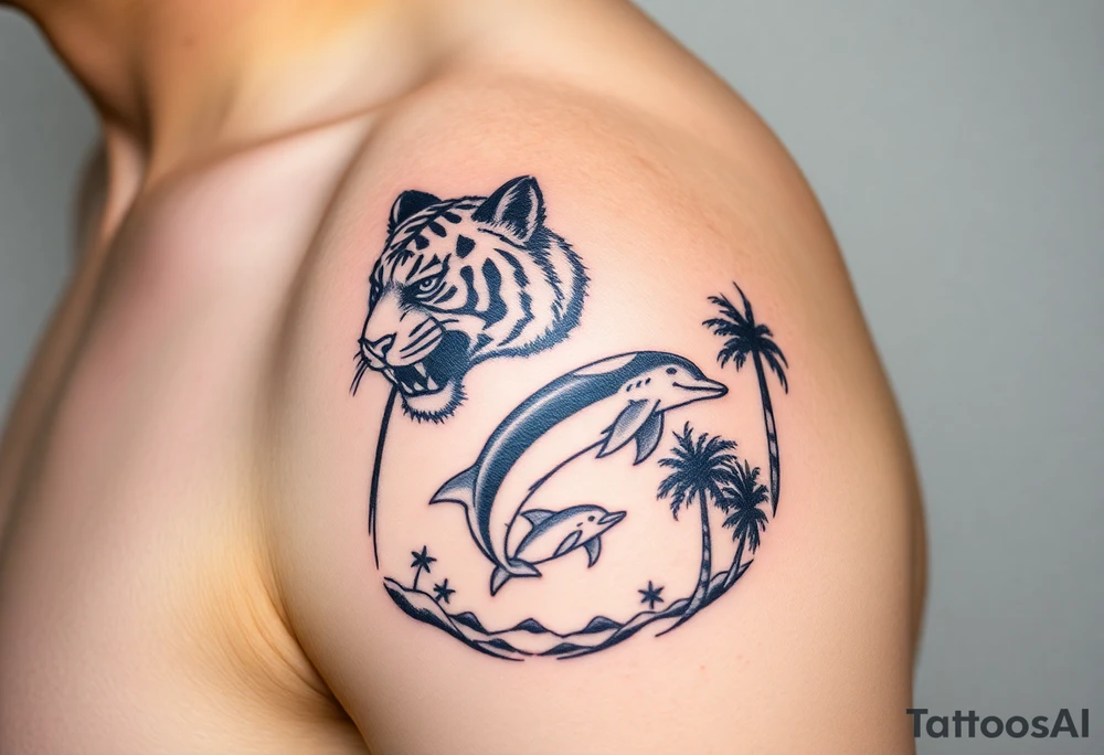 fierce tiger emerging through the trees with a jumping dolphin and palm trees underneath it tattoo idea