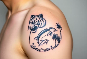 fierce tiger emerging through the trees with a jumping dolphin and palm trees underneath it tattoo idea