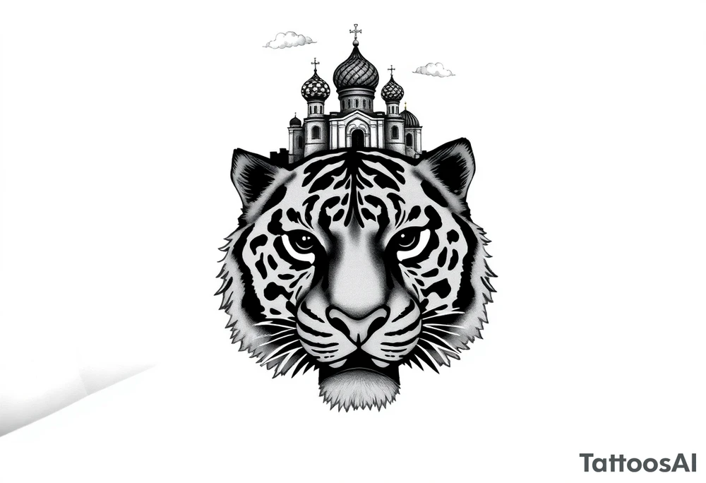 Realistic tiger face on the back of the hand with its eyes ALL black and no pupils, sitting beneath a Russian Orthodox cathedral sitting above on the top fore arm with onion domes and orthodox crosses. with clouds above and a virgin mary tattoo idea