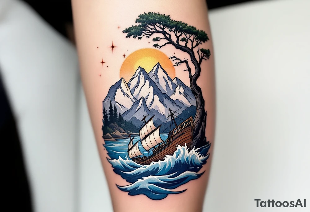 tattoo that has an acacia tree with mountains, ocean with a ship wreck and the northern star tattoo idea