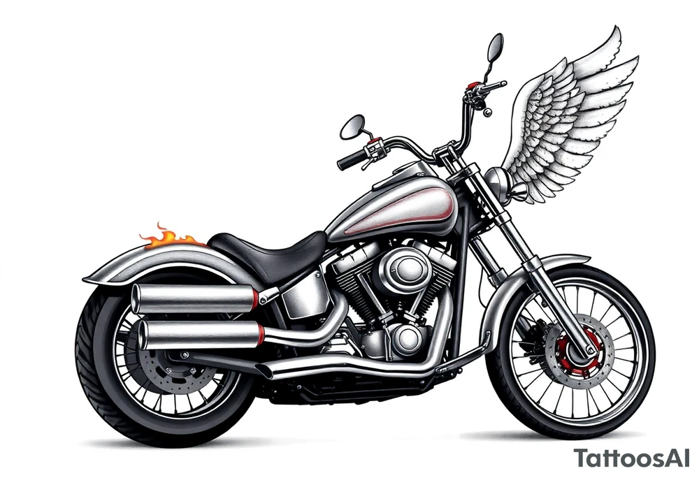 Low rider grey motorcycle, big muffler pipes with flames, angel wings, driving away, no person tattoo idea