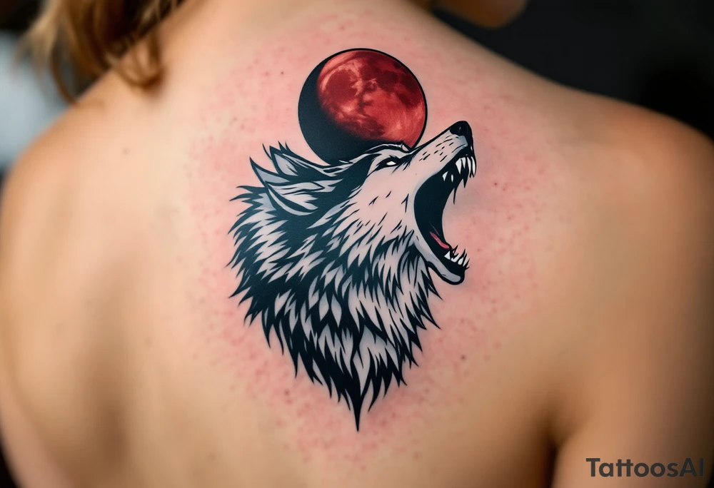 Snarling wolf under a lunar eclipse, with half-red, half-shadowed moon in the sky, done in bold black, gray, and red ink. tattoo idea