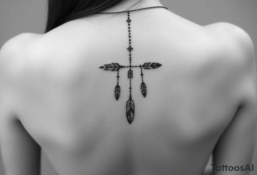 Thin spinal tattoo following down the spine in a native style with multiple different lengths flowing lines made of a discreet connection of morse code ".--- .- --.     .-.. ... -.- .- .-.   -.. .. --.     .-.. .. .-.. .-.. . -... .-. --- .-. forming an arrow connected to flowing feathers hanging from the morse code lines tattoo idea