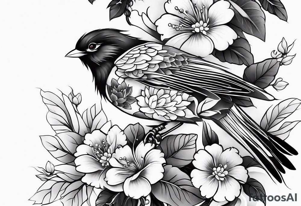 Japanese traditional style
leg sleeve with a bird and flowers tattoo idea