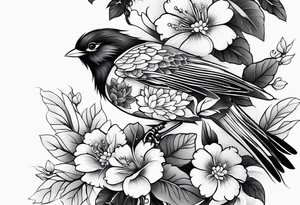 Japanese traditional style
leg sleeve with a bird and flowers tattoo idea