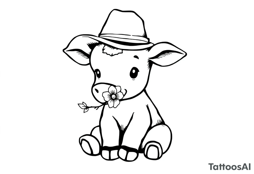 cute black and white baby cow sitting wearing a cowboy hat with a flower in mouth tattoo idea