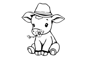 cute black and white baby cow sitting wearing a cowboy hat with a flower in mouth tattoo idea