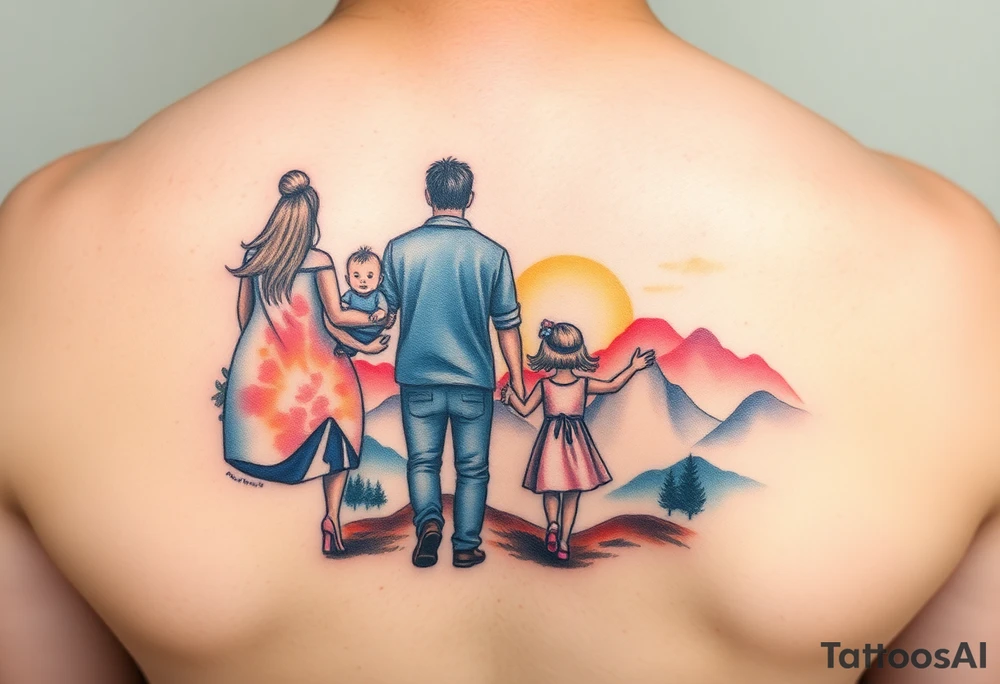 Family 2 parents, 1 baby boy, one 3-year girl walking through the the sunset and mountains tattoo idea
