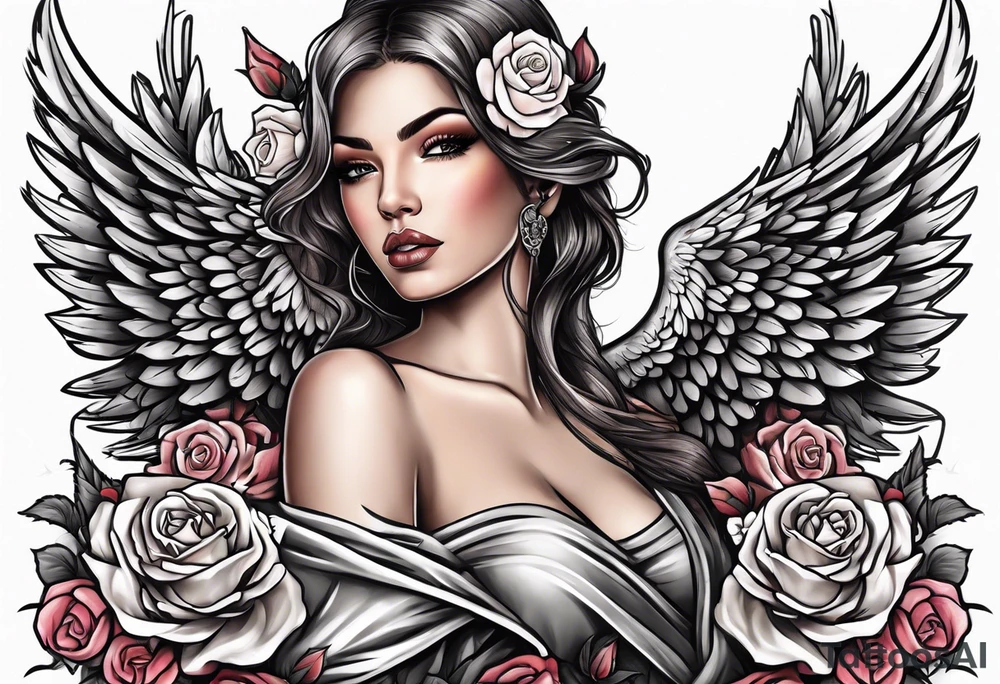 Beautiful woman angle with wings holding a AK 47 surrounded by roses tattoo idea