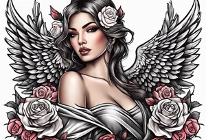 Beautiful woman angle with wings holding a AK 47 surrounded by roses tattoo idea