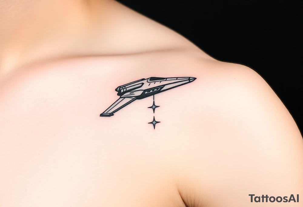 Shoulder tattoo of a spaceship and a star. tattoo idea