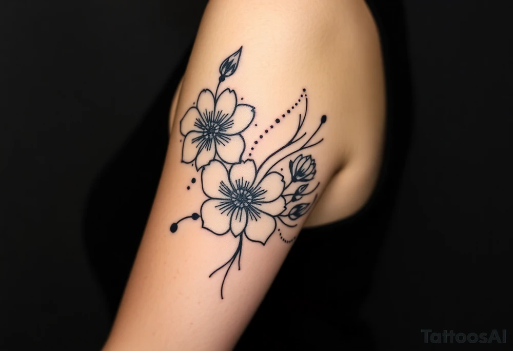 Desenhe uma tatuagem que simbolize uma mulher feminista de 41 anos, mãe de dois filhos homens, independente e filósofa inspirada nas teorias de Deleuze. A tatuagem deve expressar força, liberdade e conexão com a multiplicidade da vida, incorporando elementos abstratos e fluidos, com linhas que sugiram movimento e transformação contínua. Evite clichês e busque um design original e significativo. A tatuagem deve coobrir todo braço superior. Use flores. tattoo idea