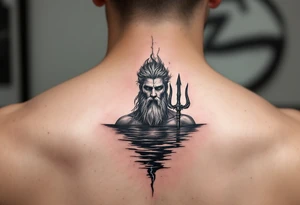 neptune with trident half way in calm water with lightning tattoo idea