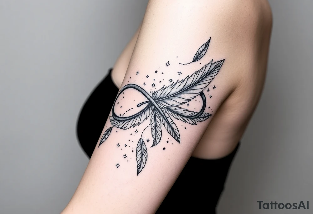 infinity symbol woven with floating feathers and stardust tattoo idea