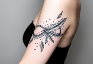 infinity symbol woven with floating feathers and stardust tattoo idea