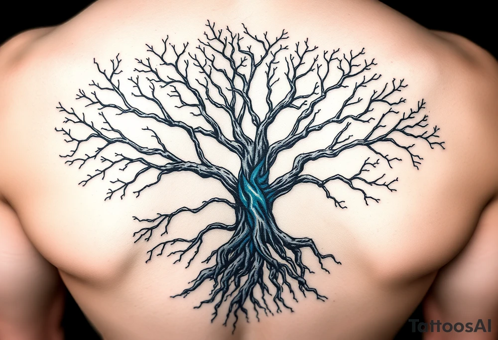 Black and white Tree with roots. Blue water inside the whole tree like veins tattoo idea
