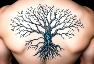 Black and white Tree with roots. Blue water inside the whole tree like veins tattoo idea