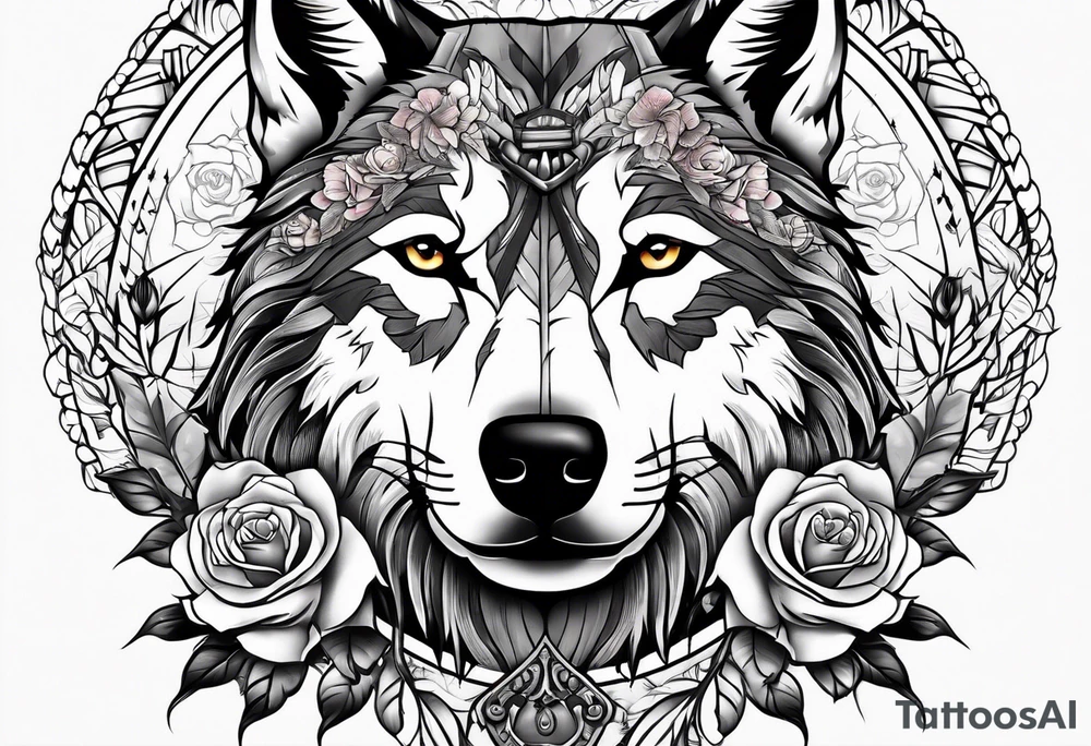 Native American with a wolf wrapped in roses tattoo idea
