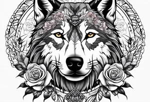 Native American with a wolf wrapped in roses tattoo idea