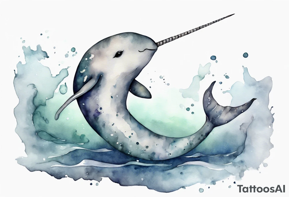 a melancholy watercolor painting of a realistic narwhal in a grey sea tattoo idea