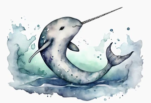 a melancholy watercolor painting of a realistic narwhal in a grey sea tattoo idea