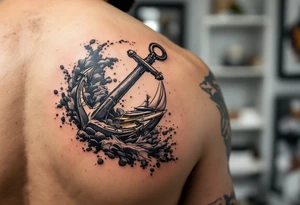 bold man with anchor and yacht
put on arm tattoo idea