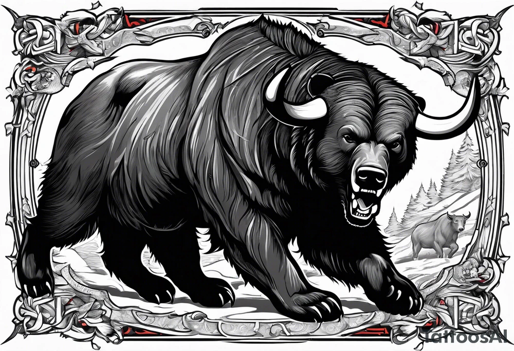 I want a sleeve tattoo design combining a bear fighting a bull tattoo idea
