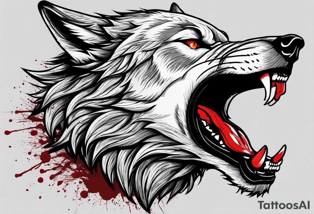 Create aggressive WOLF, with some blood coming out of his mouth and saliva. BLOOD IN THE BACKGROUND. Make it a drawing and use the image of reference. I am going to add. I want HIM TO BE ANGRY WITH RED EYES use VICIOUS WOLF THATS ANGRY tattoo idea