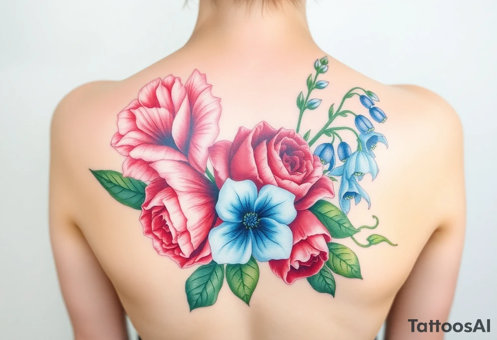 Bouquet of flowers with a carnation, rose, Lily of the valley, delphinium Running down Spain tattoo idea