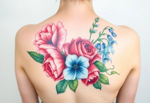 Bouquet of flowers with a carnation, rose, Lily of the valley, delphinium Running down Spain tattoo idea