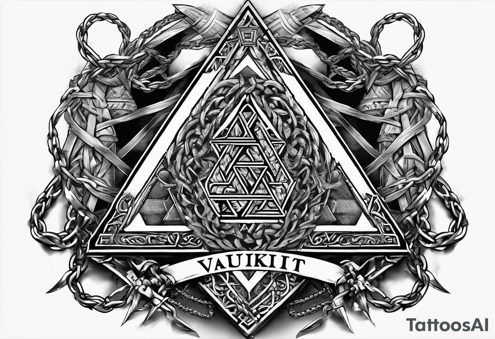 Valhalla  sword shield axe barbed wire chains valknut tattoo idea