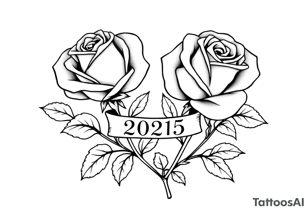 two beautiful large rose buds, one larger than the other, with many leaves next to the rose buds, with one sitting higher than the other. Include a banner connecting the two roses with the year "2025" on it.   Use dark outlines with little shading. The two stems should be short, not long, and connect and join into one stem, whimsically curved or twisted - not straight down. tattoo idea