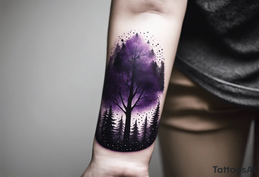 forest, purple and black, from wrist to forearm, fully covered, no borders, blackwork tattoo idea