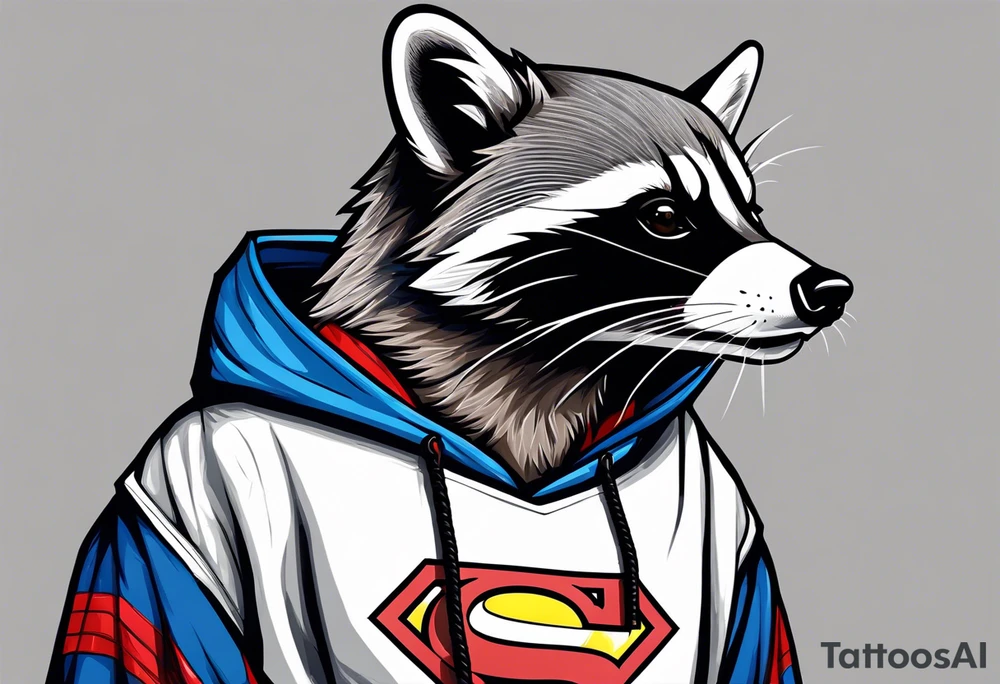 raccoon wearing a Superman hoodie tattoo idea