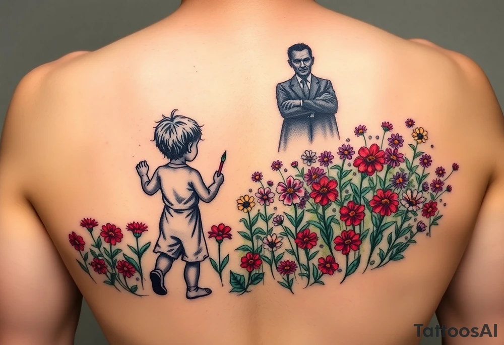 Concept:
A child holding a paintbrush, painting a field of flowers. The flowers are initially all red and green, but as the child moves forward, a burst of multicolored flowers begins to bloom, symbolizing creativity and breaking free from rigid rules. Behind the child, a shadowy figure (representing the strict teacher in the song) watches with crossed arms. The phrase "There are so many colors in the rainbow" could be subtly written in the design, blending into the artwork. tattoo idea
