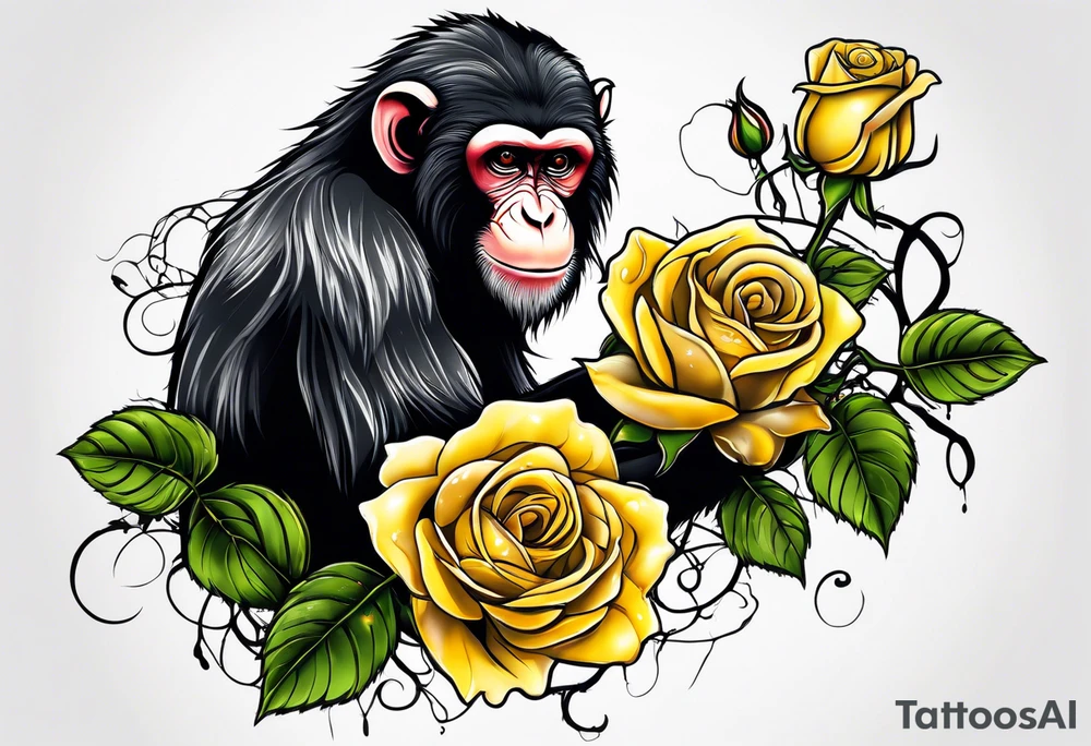 Yellow rose vine with a monkey and blood dripping from the roses tattoo idea
