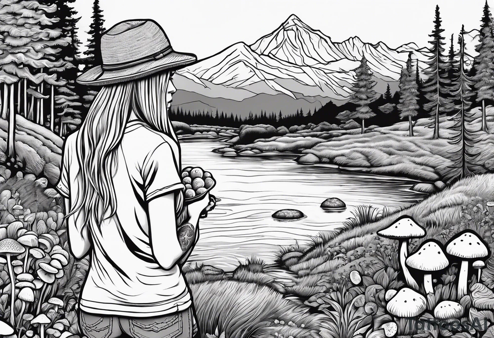 Straight long blonde hair hippie girl in distance holding mushrooms in hand facing away toward mountains and creek surrounded by mushrooms tee shirt and hiking pants tattoo idea