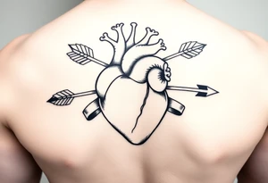 anatomical heart pierced by ornate arrow with flowing ribbons tattoo idea