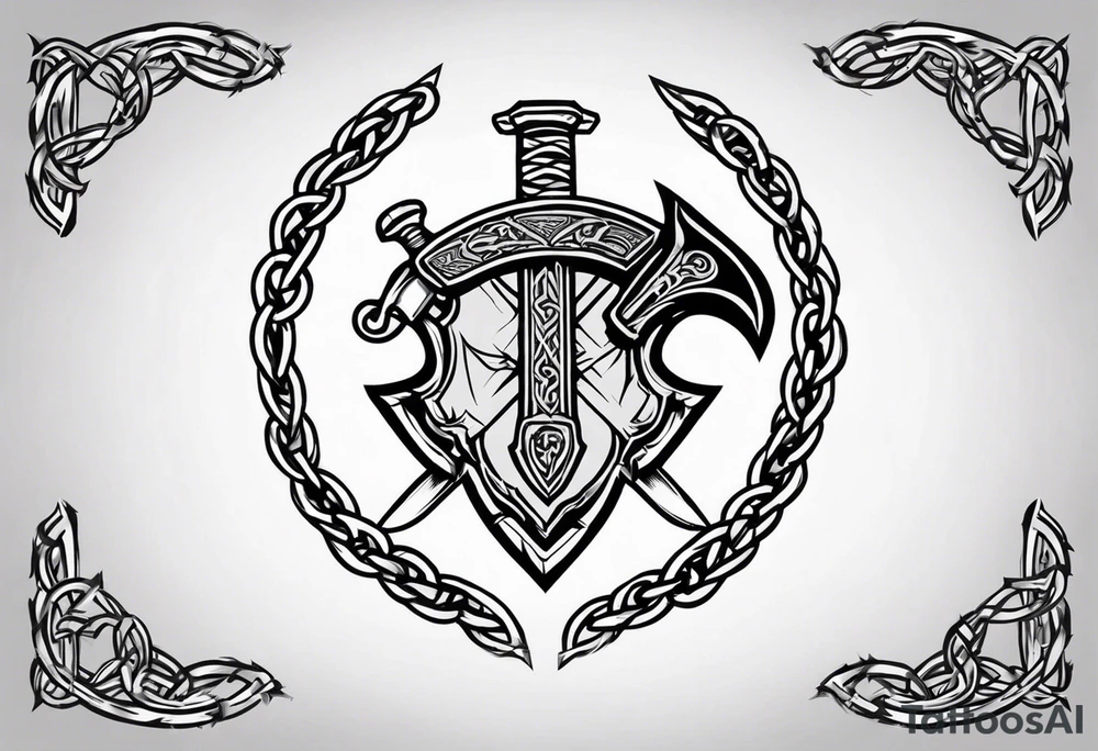 Valhalla sword round shield axe barbed wire chains tattoo idea