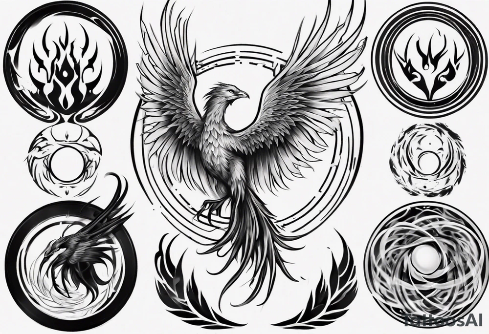 Phoenix rising blending in circles tattoo idea Phoenix rising blending in circles tattoo idea