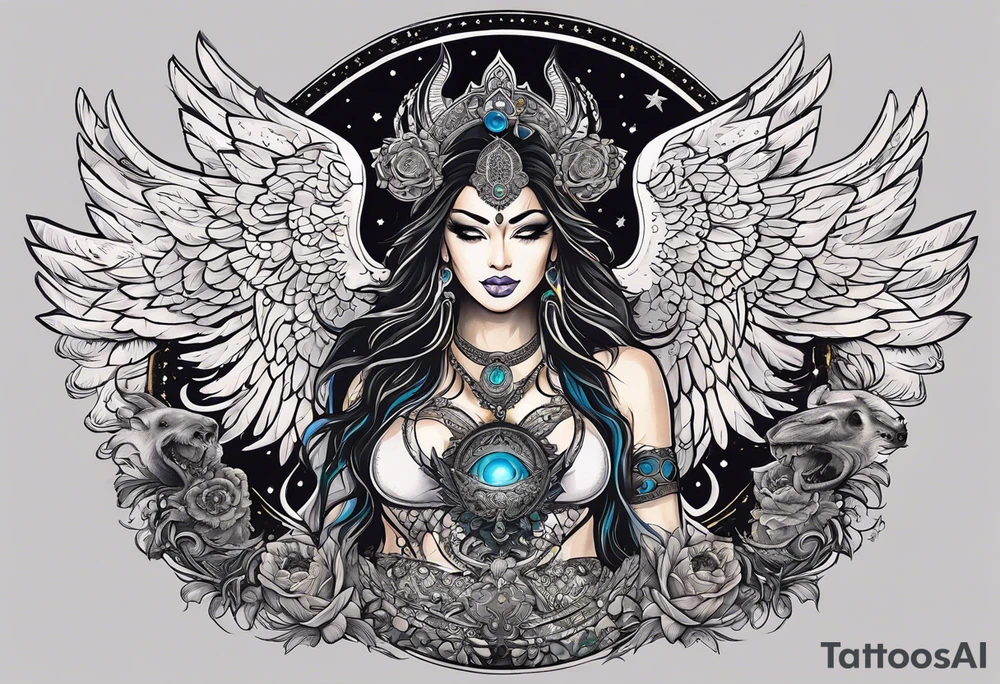 black kali, goddess pirate, alien, angel, pachamama, valkrye, warrior, flying, skull, lotus azul, wing, eagle, zenza resonance, stars, 5D, anahata chakra, death, durga, riding on a tiger, flying lady tattoo idea