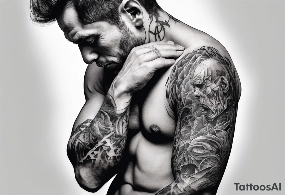 extreme joint pain breaking through skin on arm sorrow sad broken tissue man realistic tattoo idea
