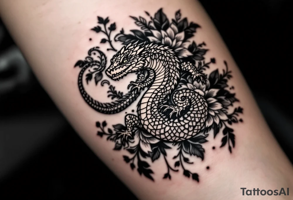 powerful majestic reptile, surrounded by floral ornaments tattoo idea